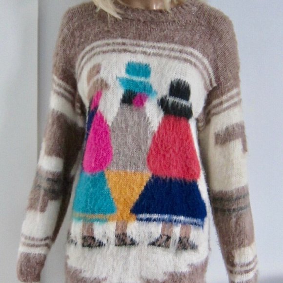 Vintage 80s figurines colourful hand knit aztec folk alpaca sweater GUC - Picture 9 of 14